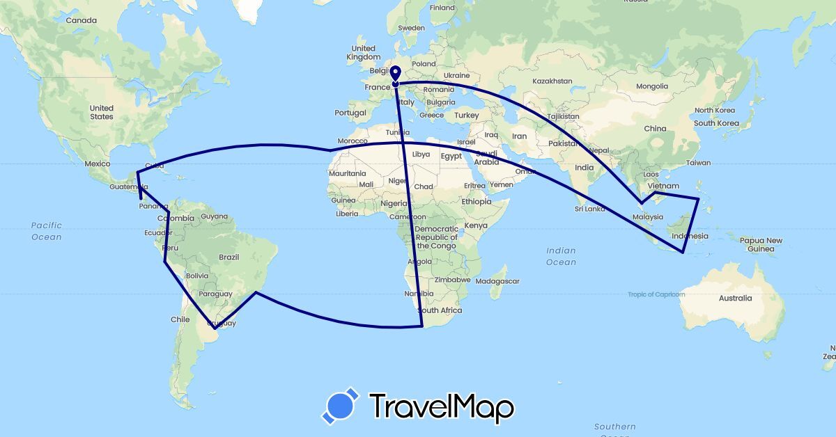 TravelMap itinerary: driving in Argentina, Brazil, Switzerland, Colombia, Spain, Honduras, Indonesia, Cambodia, Mexico, Nicaragua, Peru, Philippines, Thailand, South Africa (Africa, Asia, Europe, North America, South America)